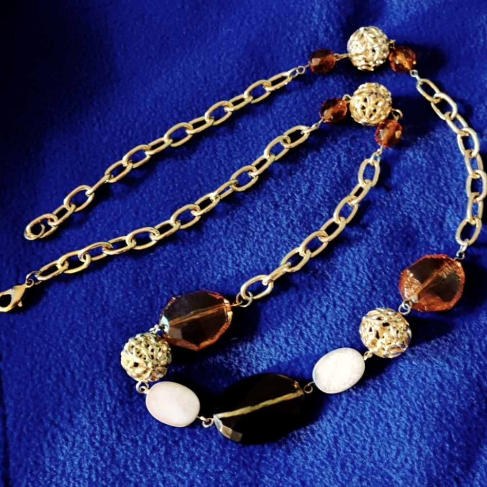Gold Link and Amber Glass Necklace